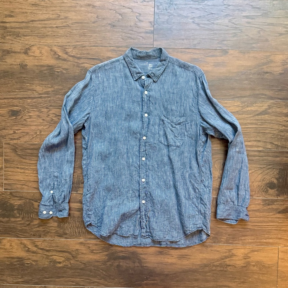 MUJI - ‘Men’s Stripped Blue/White Pure Linen Shirt’, size: medium.